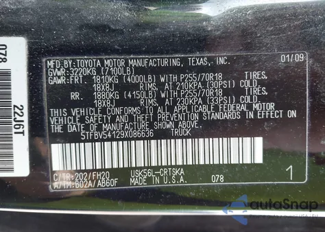 2009 Toyota Tundra Grade 5.7L V8 z USA, uszkodzony, nr VIN 5TFBV54129X086636